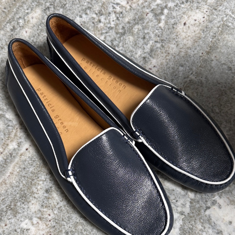Patricia Green Navy Leather Slip-On Loafers with White Piping